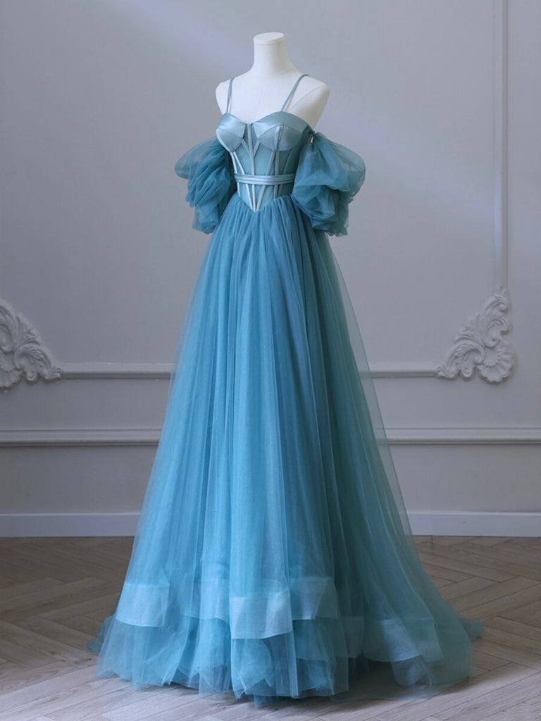 A-Line Neck Tulle Blue Prom Dress