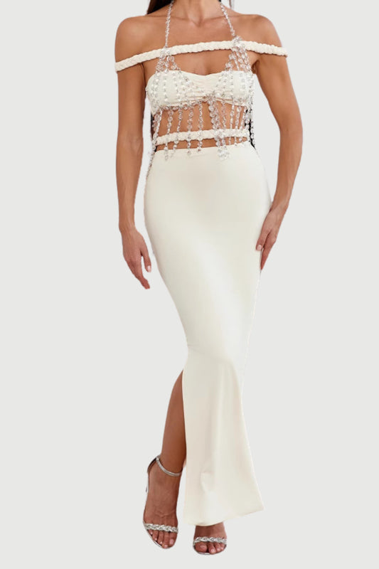 crystal chain embellished fishtail skirt set in apricot