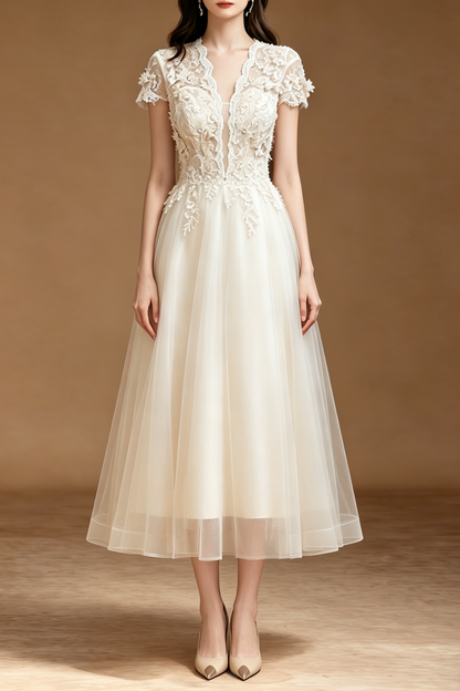 3D Floral Lace Short Sleeve Tulle Floor-Length Evening Gown
