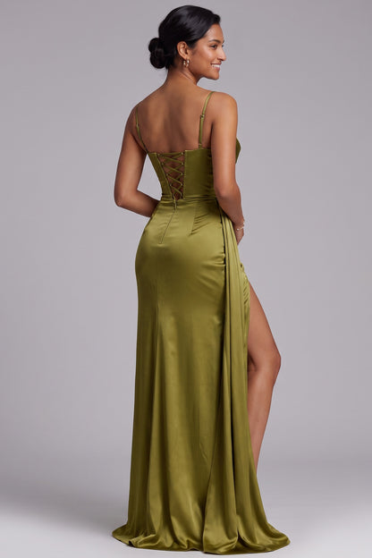 Olive Green Satin Evening Gown with Draped Bodice and High Slit Premium Fabric - product view 2