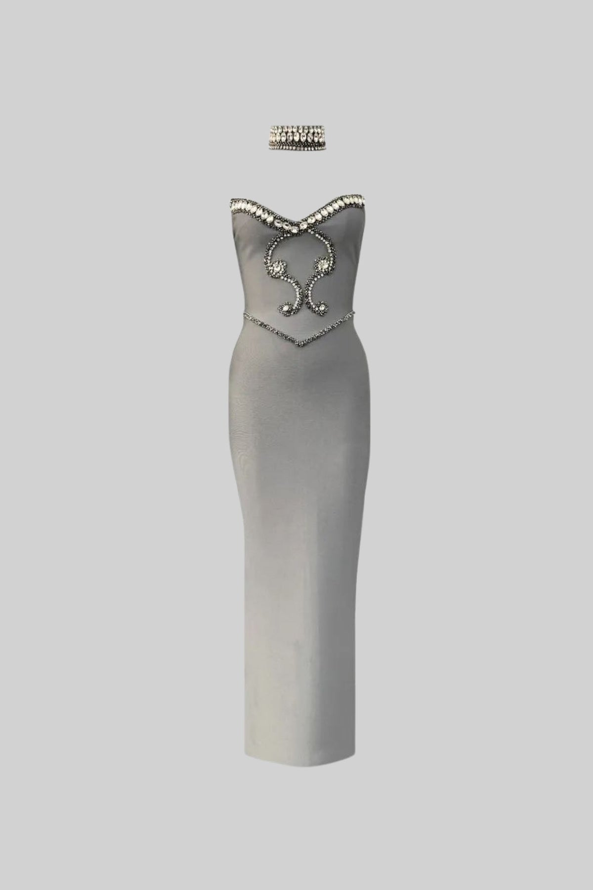alyssa Gray Crystal Embellished Strapless Gown with Choker