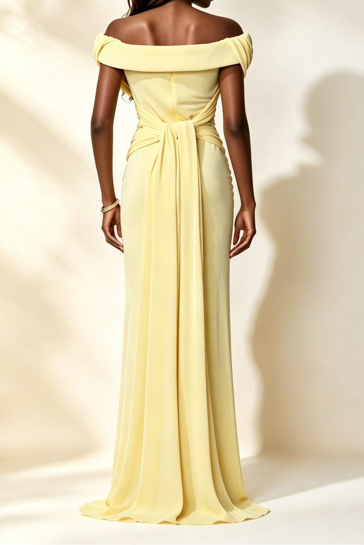 Light Yellow Off Shoulder Ruched Wrap Mermaid Maxi Gown