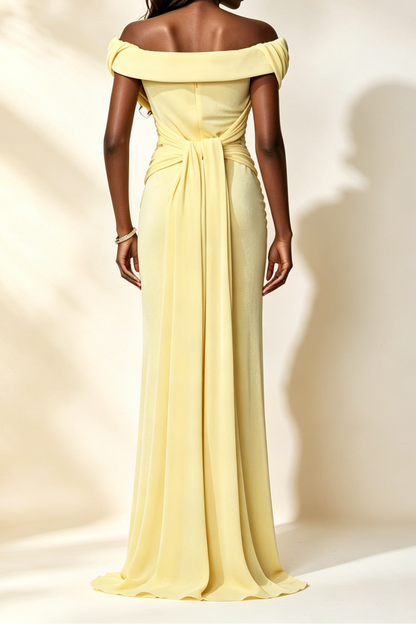 Light Yellow Off Shoulder Ruched Wrap Mermaid Maxi Gown