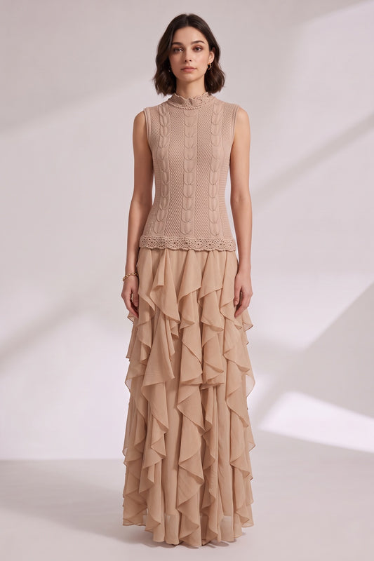 beige cable and pointelle knit fitted bodice with voluminous tiered ruffled skirt maxi dress beige cable and pointelle knit maxi dress - product view 2