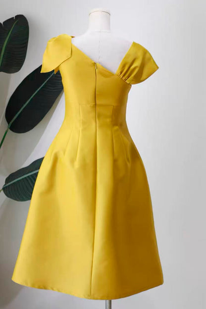 Yellow Asymmetrical Bow Satin Midi Party Dress