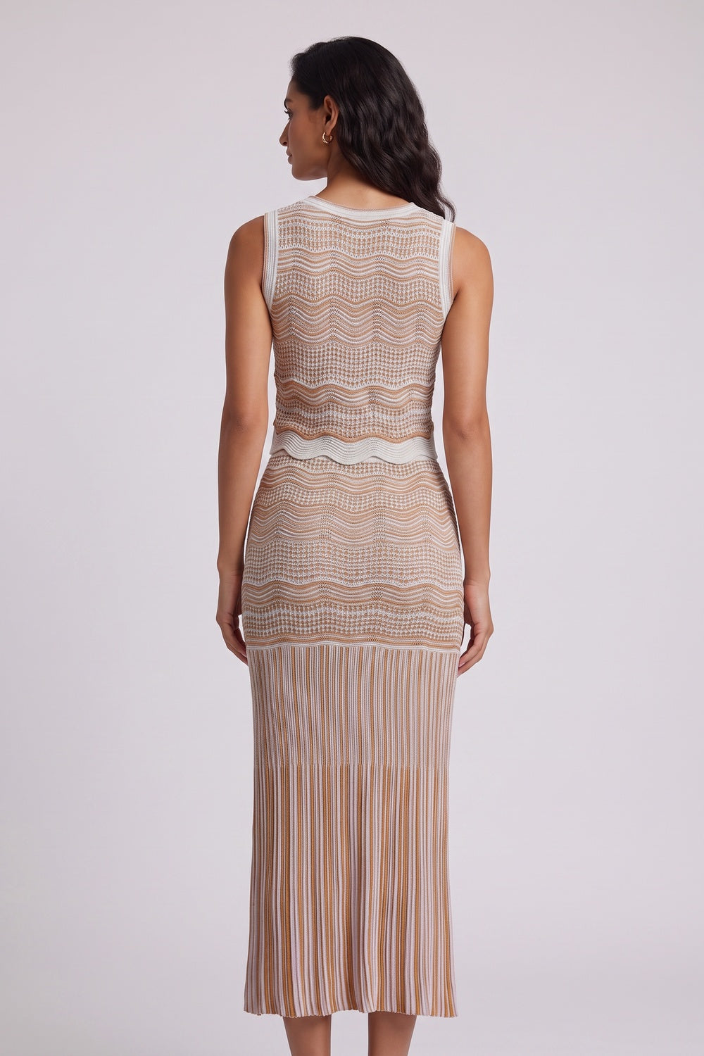 Beige Pointelle Knit Fitted Column Two-Piece Set beige, tan pointelle knit two-piece set - product view 4