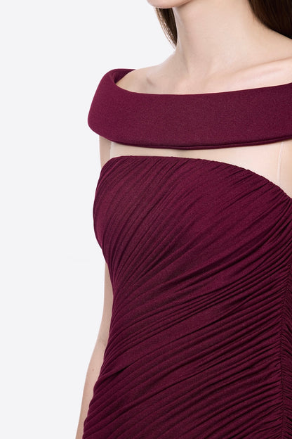 lola burgundy Off-shoulder asymmetrical-draped mini dress