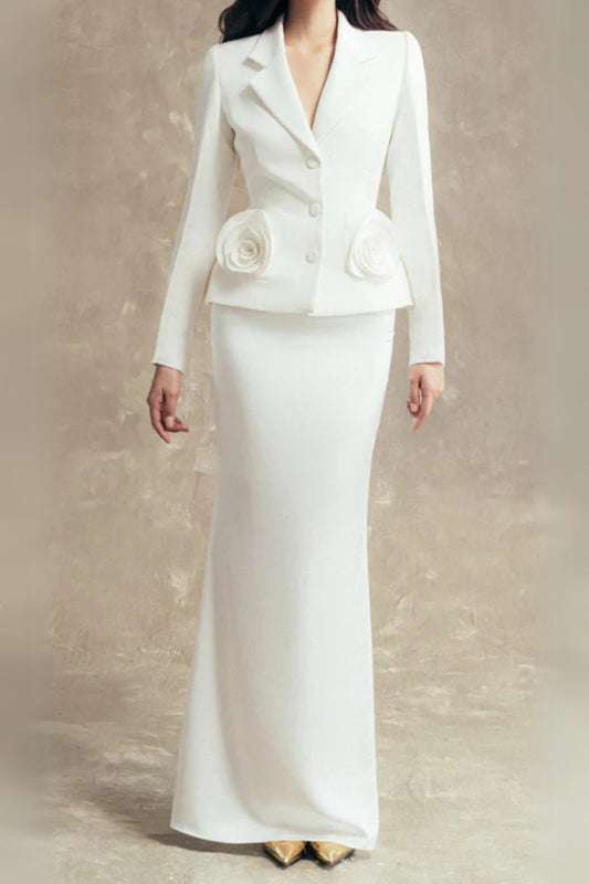 flower embellished jacket skirt set in white