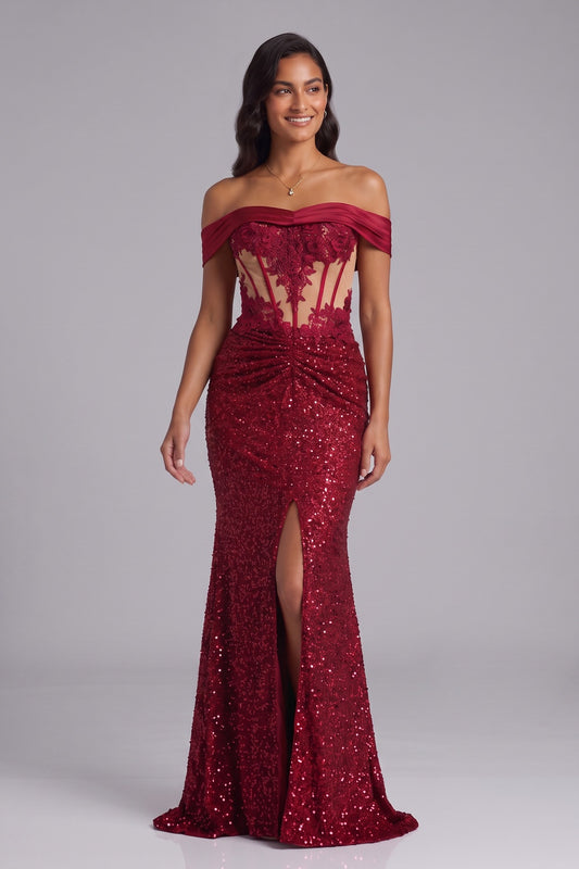 Deep Red Sequin Off-the-Shoulder Mermaid Gown Premium Fabric - product view 3