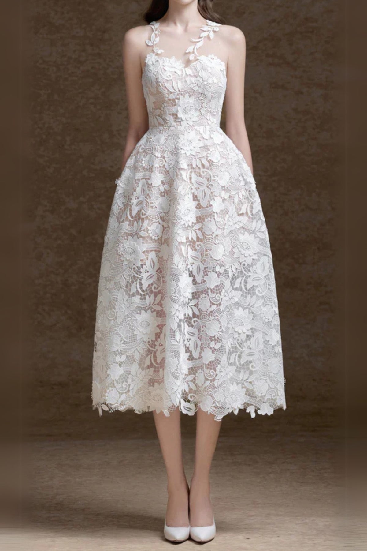 erica floral lace midi dress in white