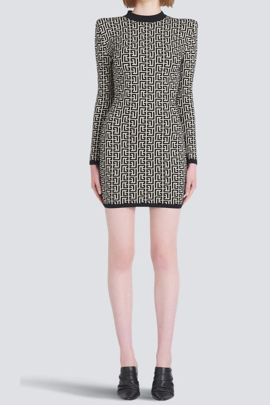 Short bicolor jacquard mini dress with monogram