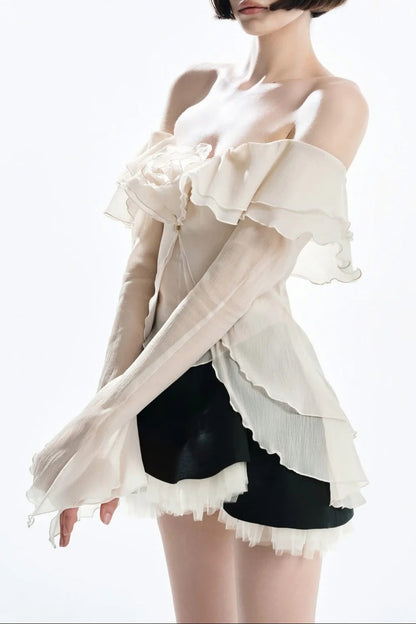 apricot One-shoulder tube top with backless ruffled mesh skirt set