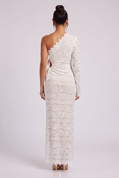 White Floral Lace One-Shoulder Column Gown white floral lace gown - product view 5
