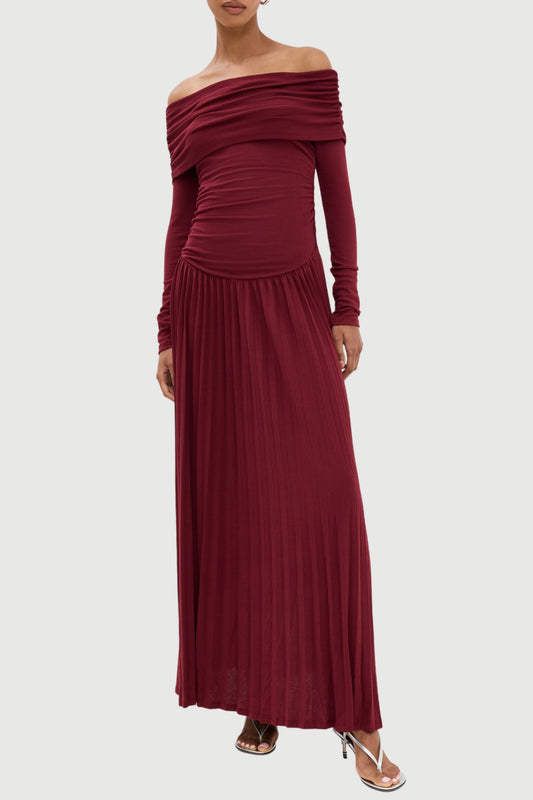 sara bodycon strapless long sleeve maxi dress in burgundy