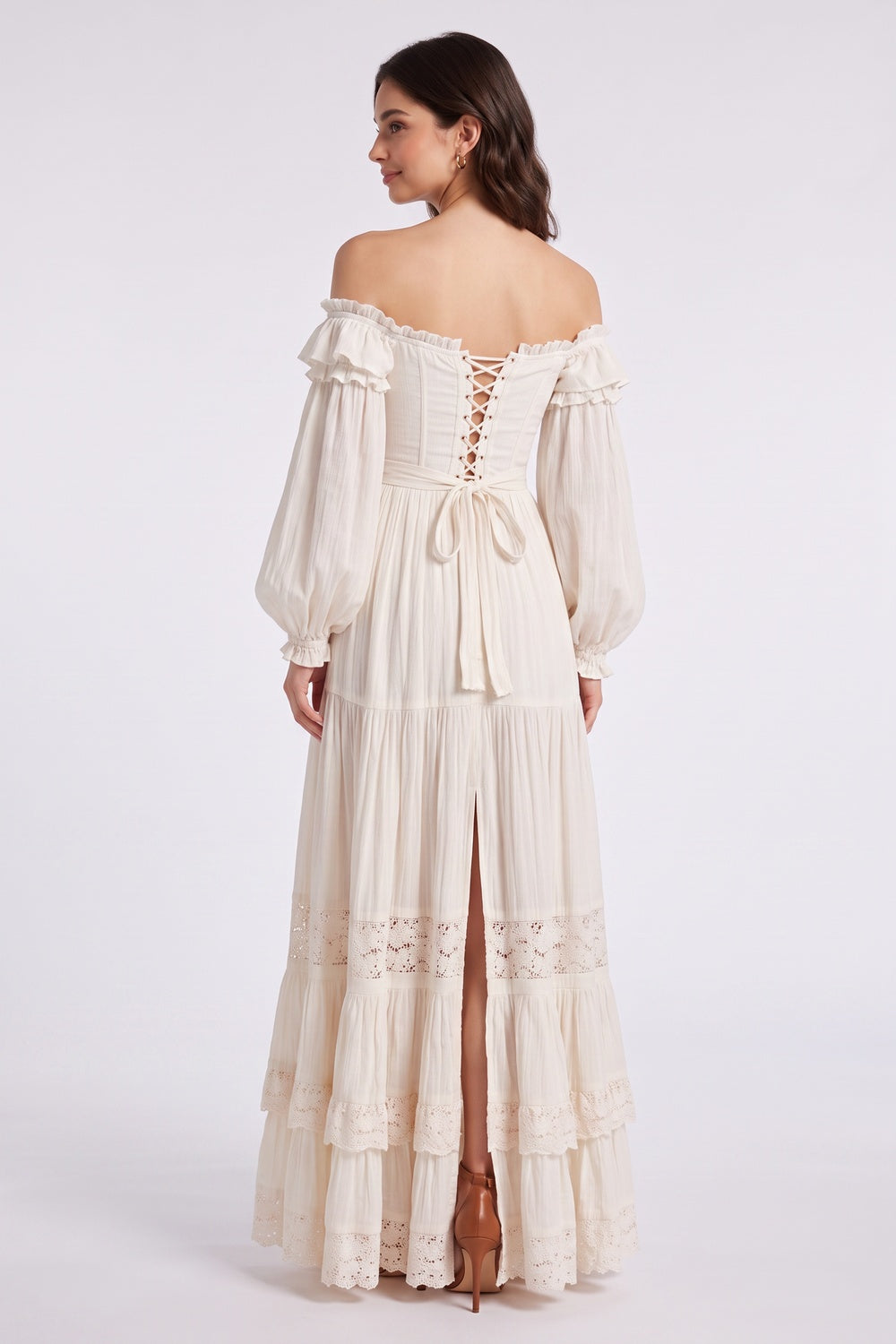 Cream Off-the-Shoulder Tiered Maxi Dress with Lace Trim Premium Fabric - product view 2