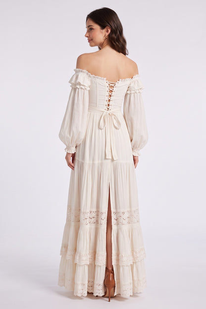 Cream Off-the-Shoulder Tiered Maxi Dress with Lace Trim Premium Fabric - product view 2