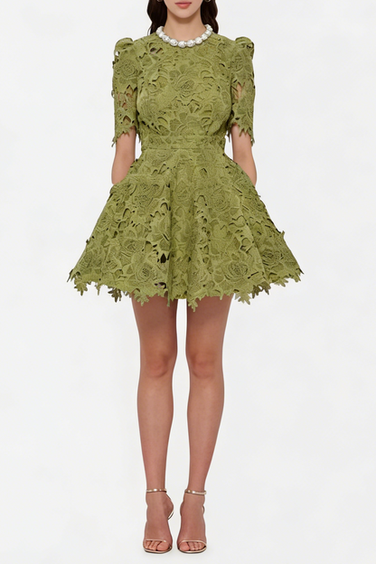 sylvia green Beaded hollow crochet mini dress