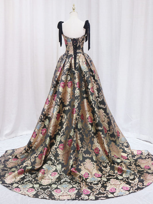 Black/Gold Satin A-Line Long Prom Dress