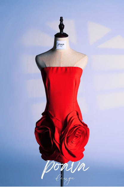Sleeveless Mini Dress with Voluminous Floral Details - Red