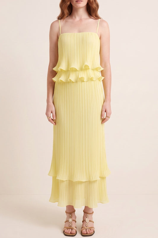 Pleated Ruffle Cami Top & Tiered Midi Skirt Two Piece Set