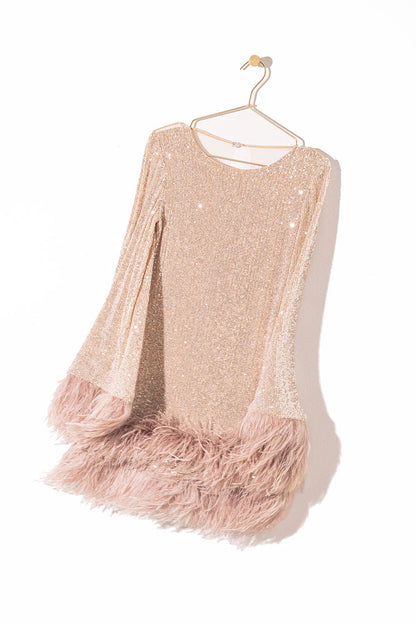murray pale pink sequin feather trim backless mini dress