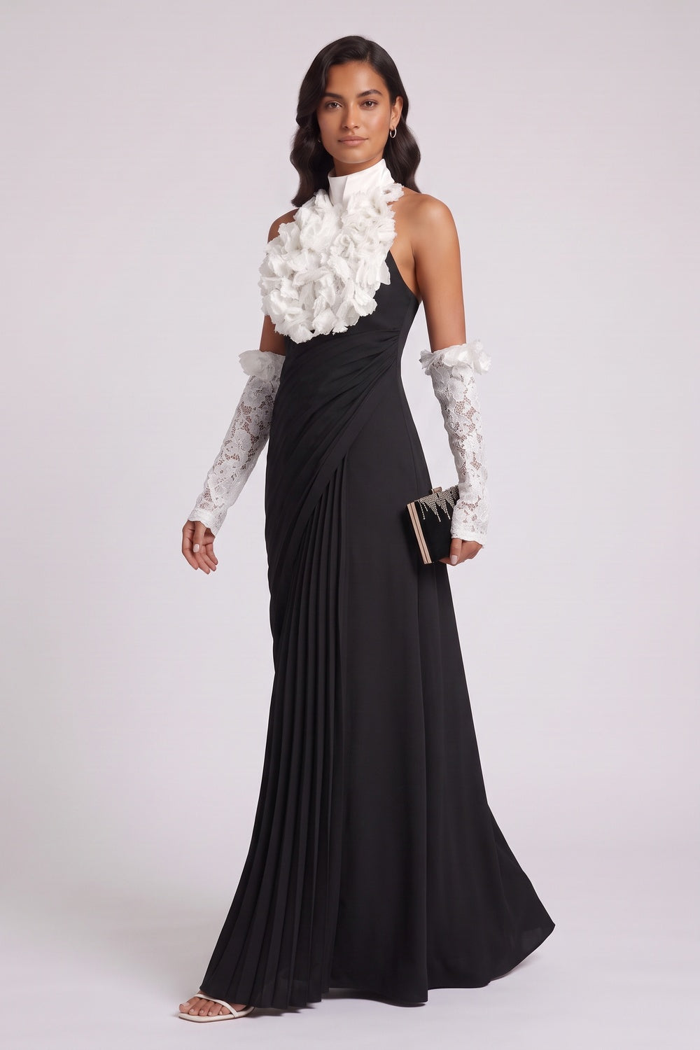 black matte black crepe a-line evening gown black matte black crepe evening gown - product view 2