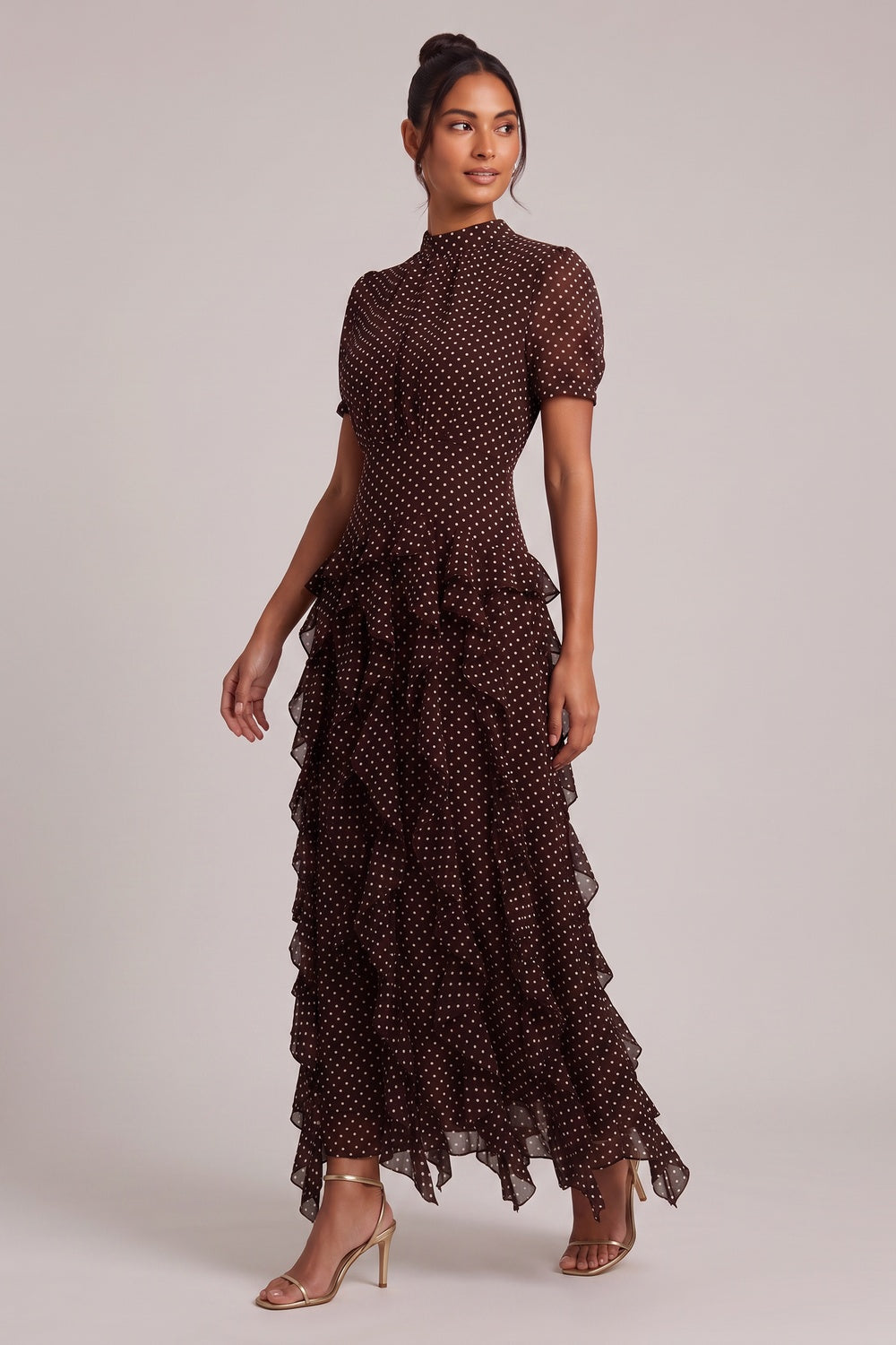 Brown Polka Dot Tiered Ruffle Midi Dress Premium Fabric - product view 2