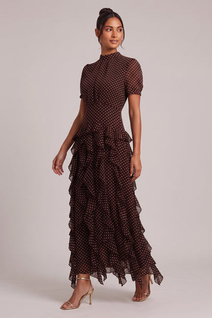 Brown Polka Dot Tiered Ruffle Midi Dress Premium Fabric - product view 2