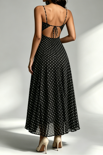 Black White Polka Dot Crisscross Strappy Cutout Pleated Midi Dress