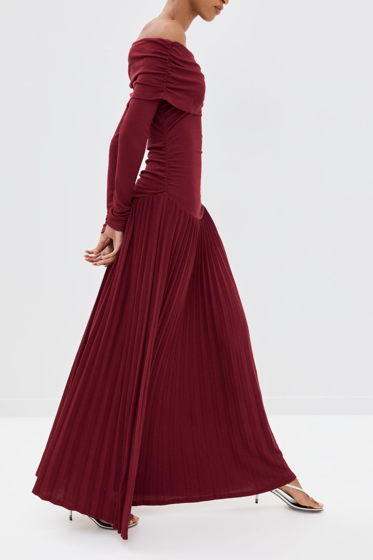 sara bodycon strapless long sleeve maxi dress in burgundy