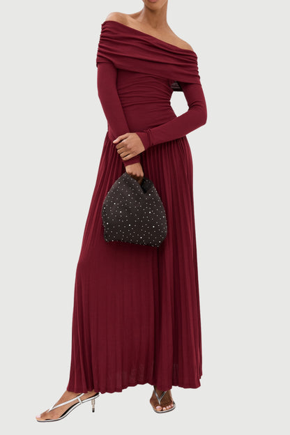 sara bodycon strapless long sleeve maxi dress in burgundy