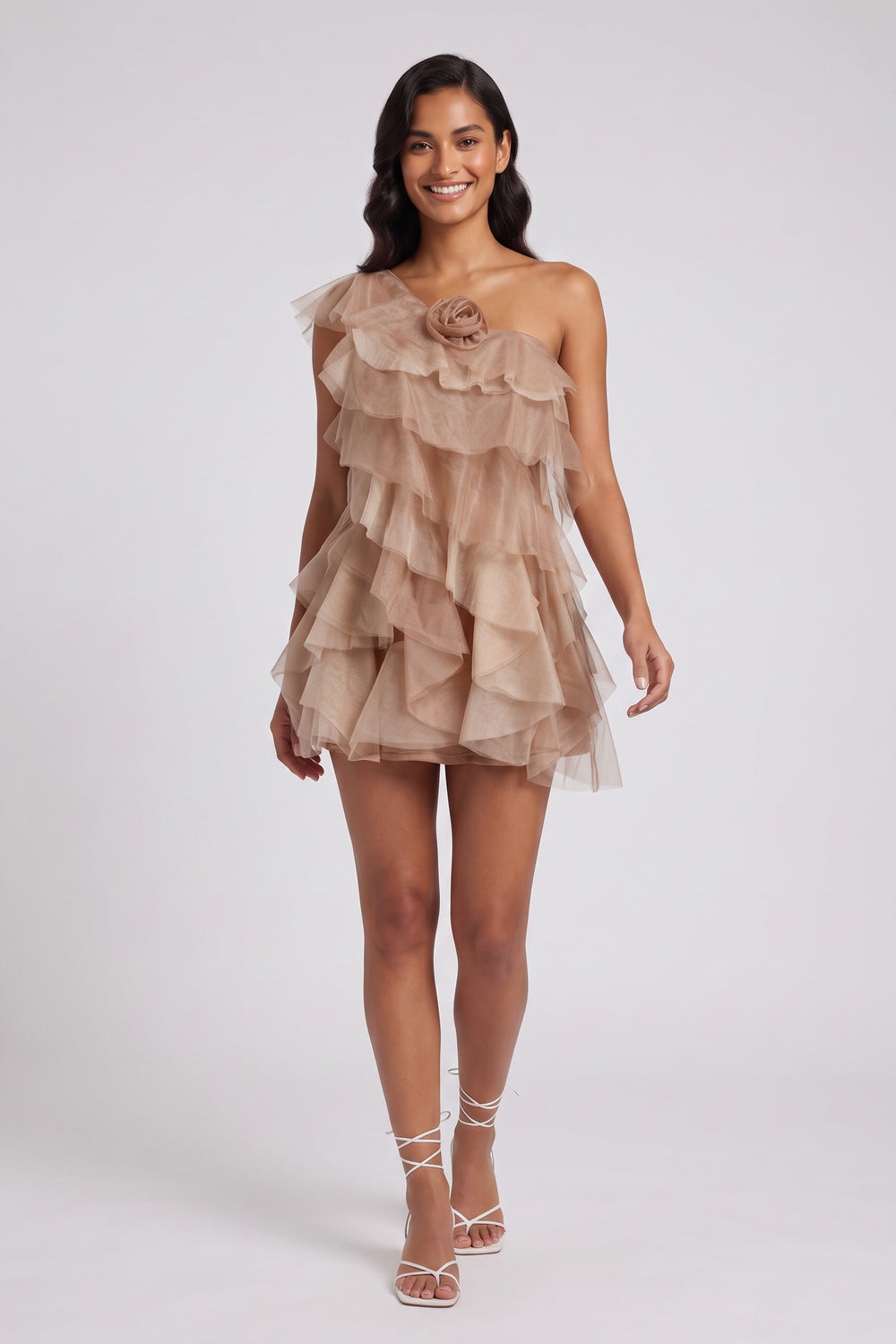 Taupe Tulle A-Line Tiered Mini Dress taupe tulle mini dress - product view 1