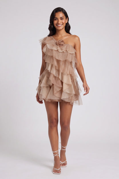 Taupe Tulle A-Line Tiered Mini Dress taupe tulle mini dress - product view 1