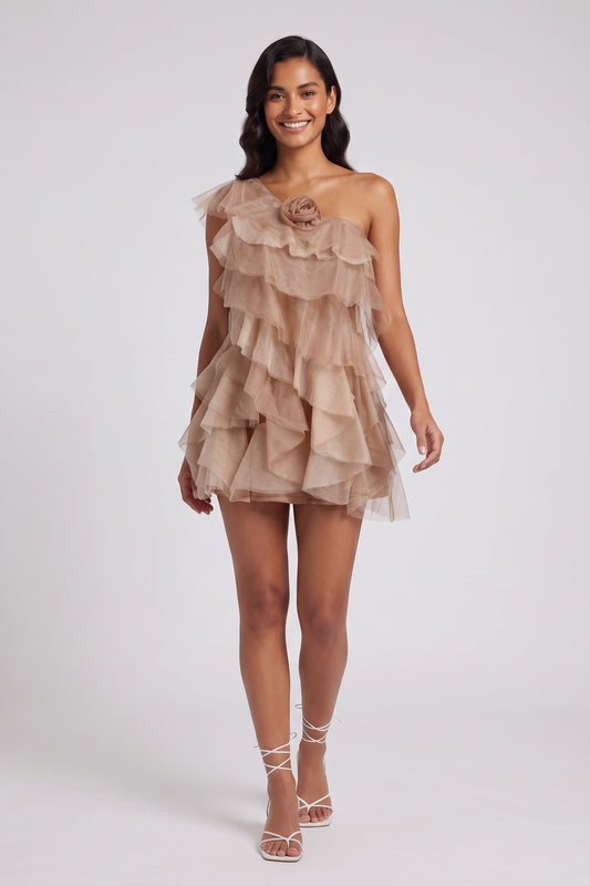 Taupe Tulle A-Line Tiered Mini Dress taupe tulle mini dress - product view 1
