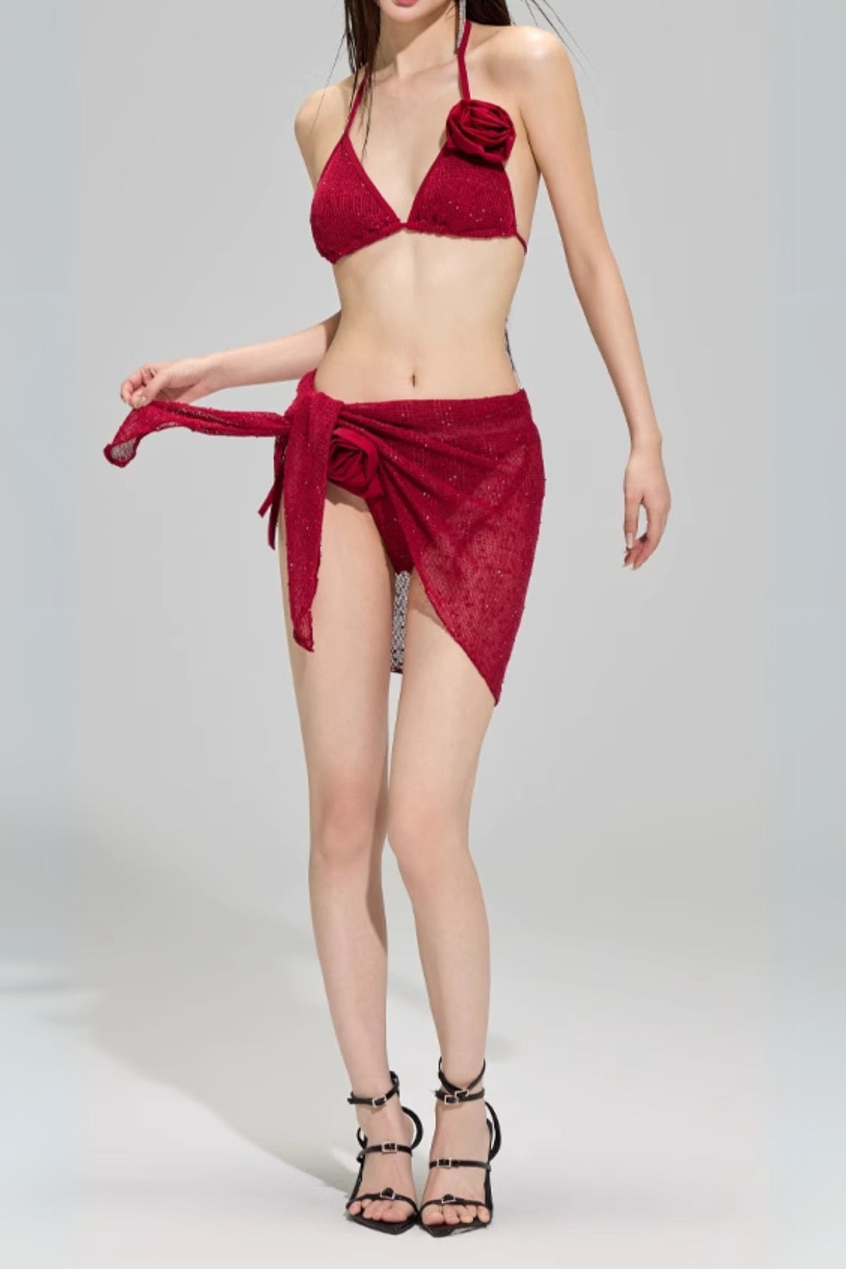 Darina Red Flower Sequin Three-Piece Swimsuit