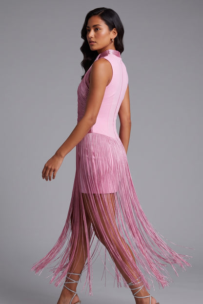 Metallic Twist High Neck Fringe Midi Dress