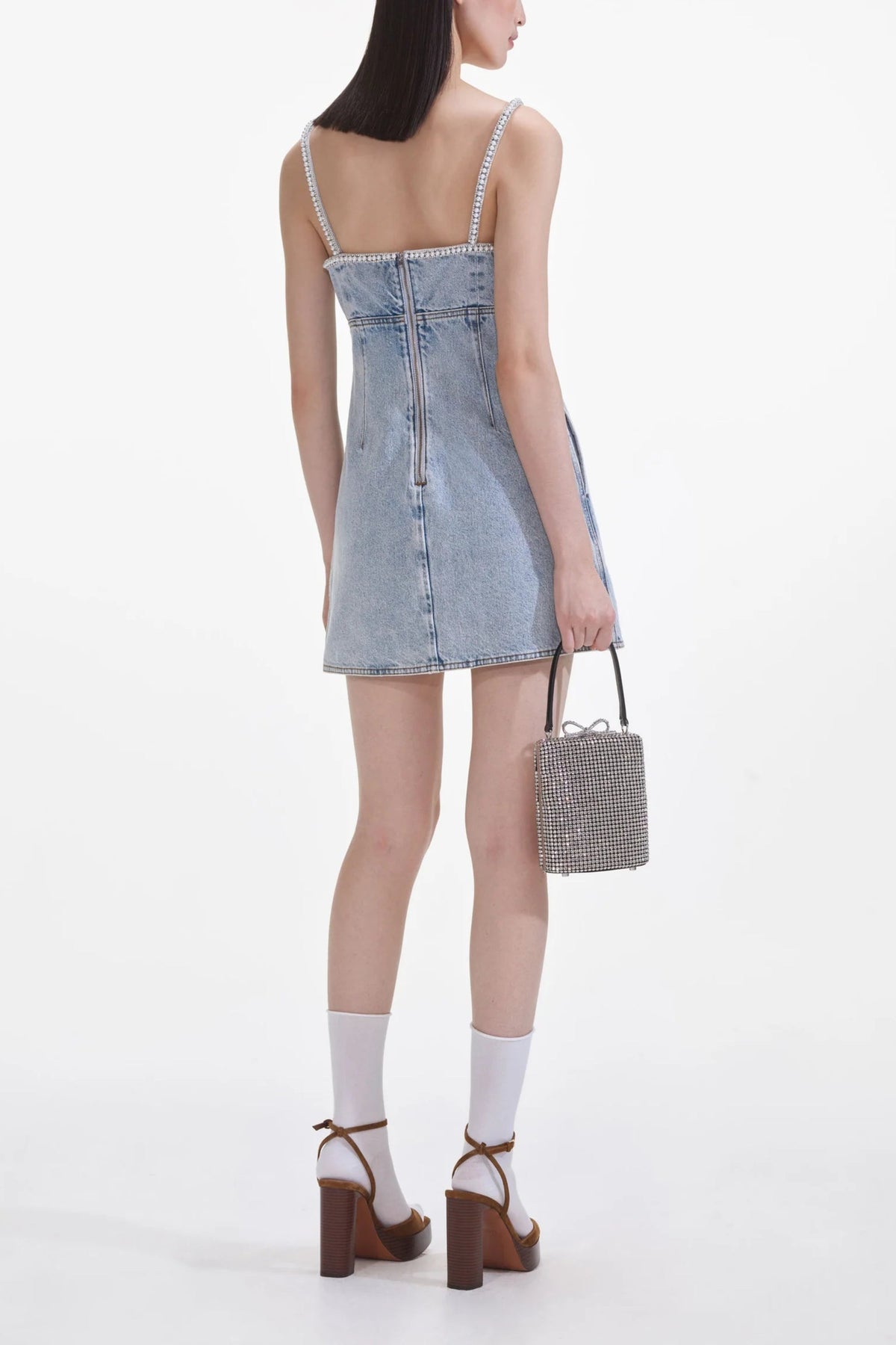 Light Blue Denim Pearl Mini Dress