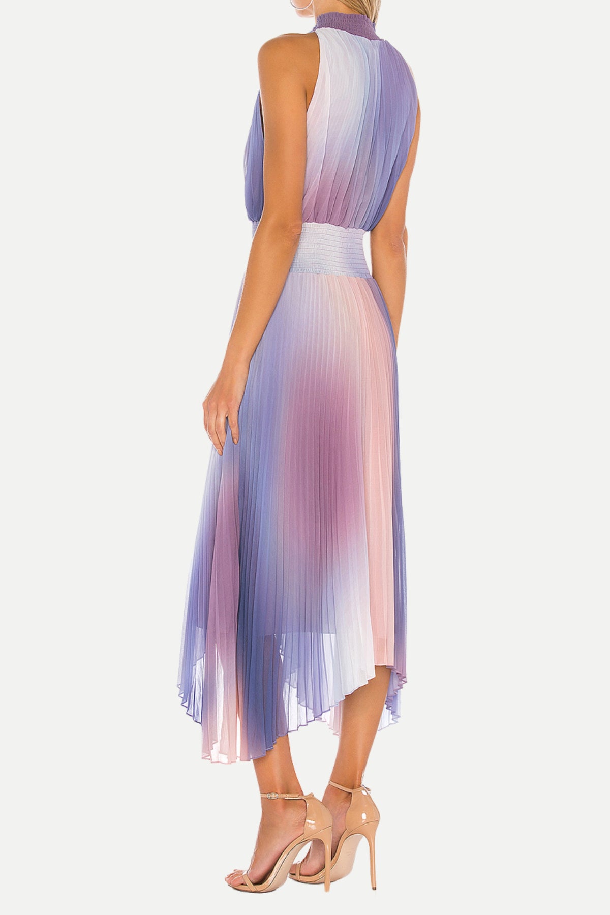 halter neck pleated midi dress in lavender tie dye