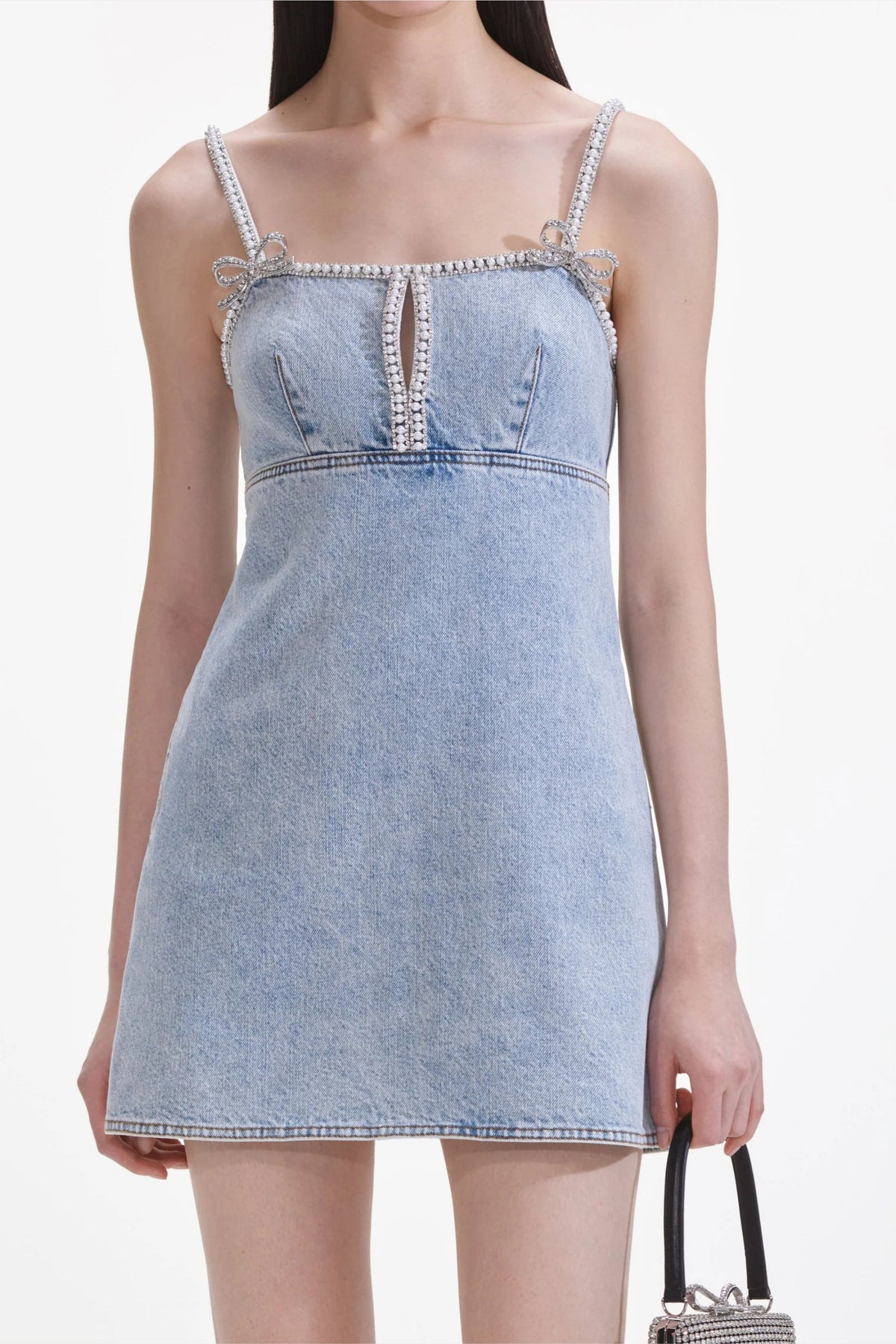 Light Blue Denim Pearl Mini Dress