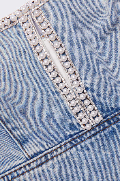 Light Blue Denim Pearl Mini Dress