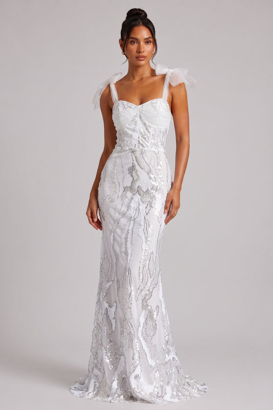 White Sequin Embellished Floor-Length Gown with Bow Shoulder Straps Premium Fabric - product view 2