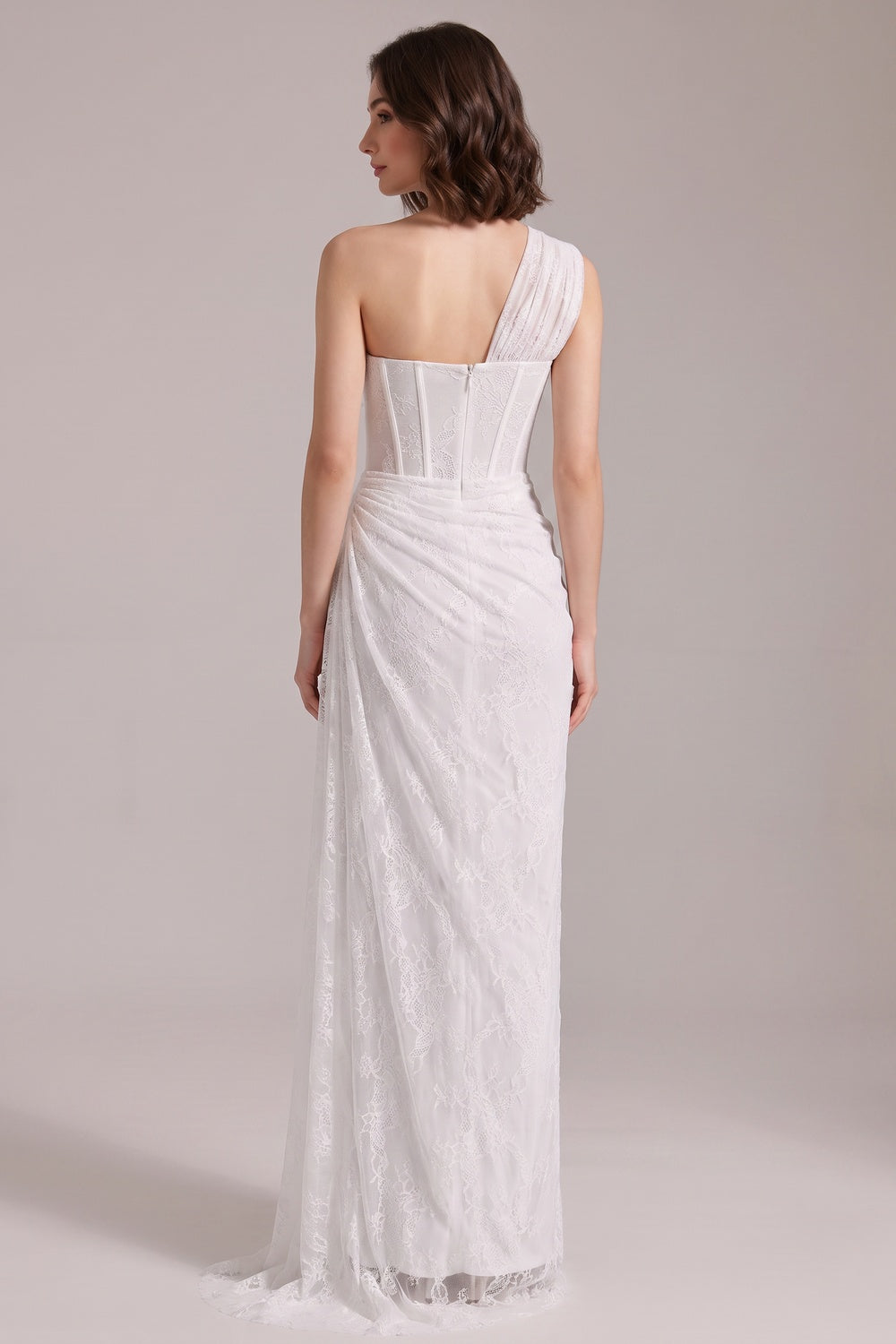 White Floral Lace One-Shoulder Column Gown white floral lace gown - product view 5