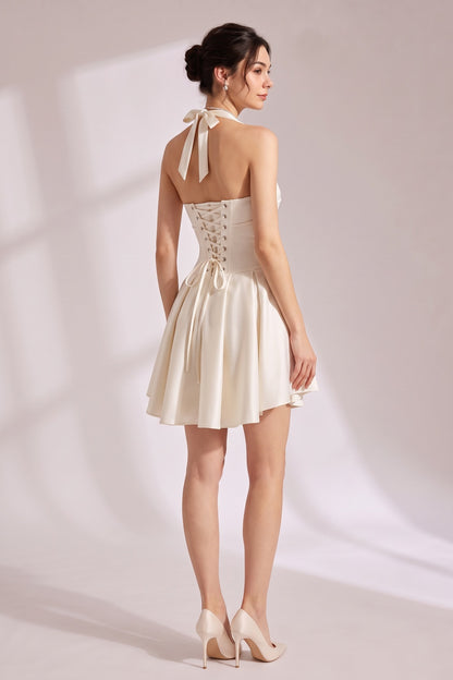 Halter Double Strap Satin Fit &amp; Flare Mini Dress