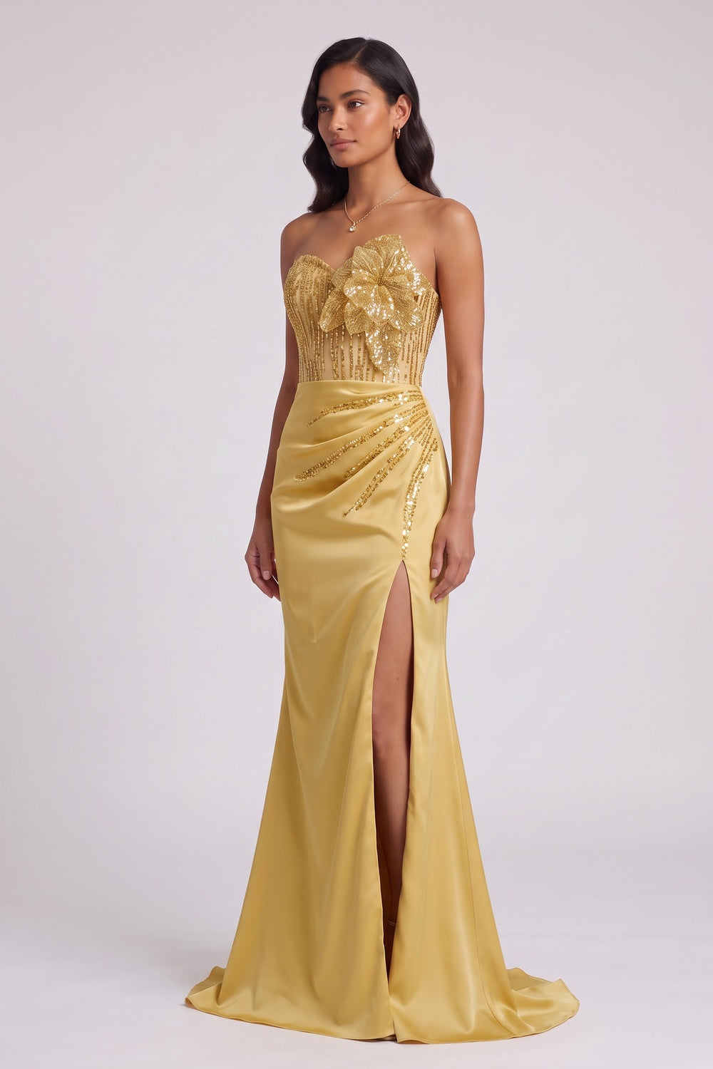 Gold Sequin Floral Strapless Mermaid Gown Premium Fabric - product view 1