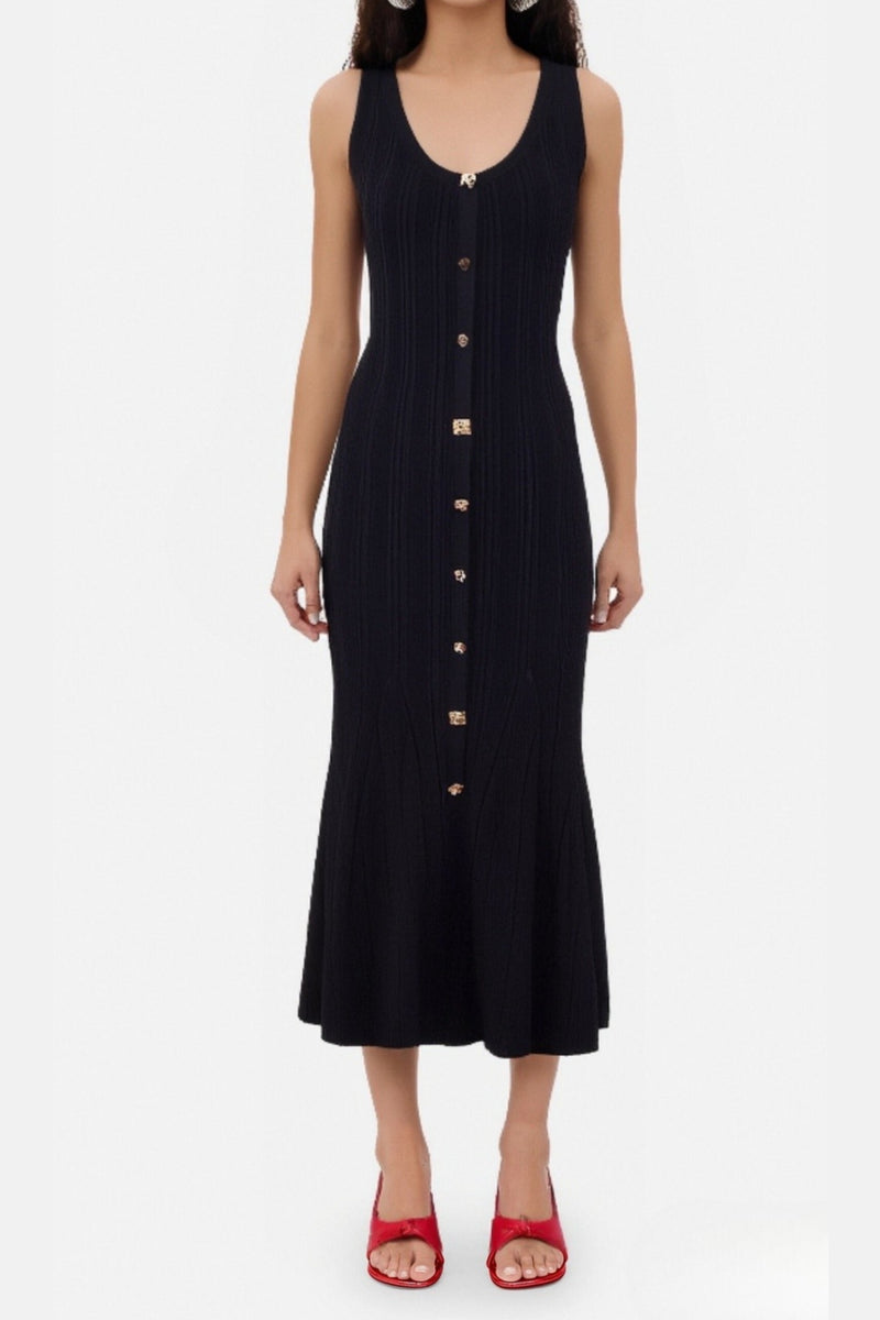 Button-embellished ribbed-knit midi dress in black