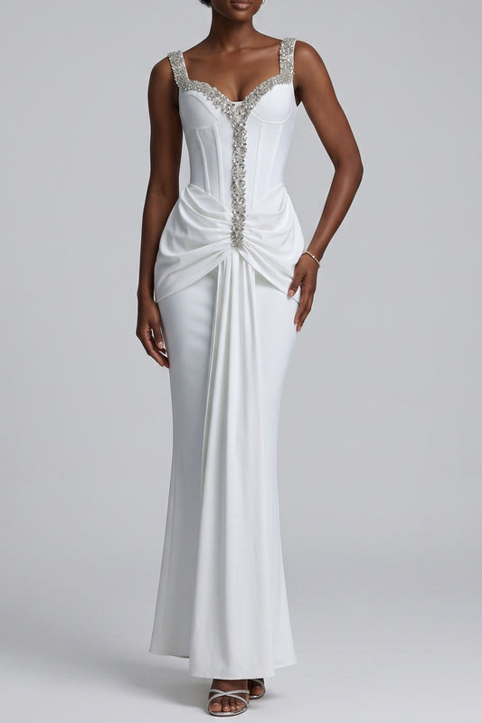 Rhinestone Trim Corset Draped Mermaid Maxi Dress