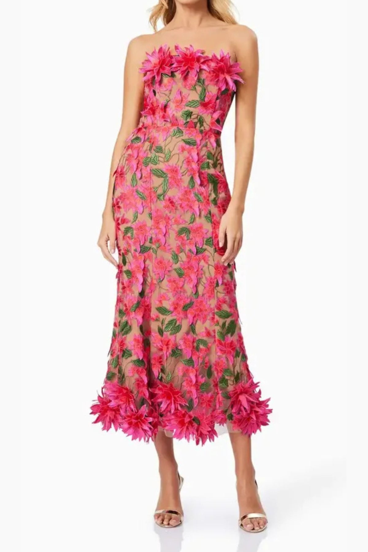 3D flower embroidery strapless midi dress in rose red