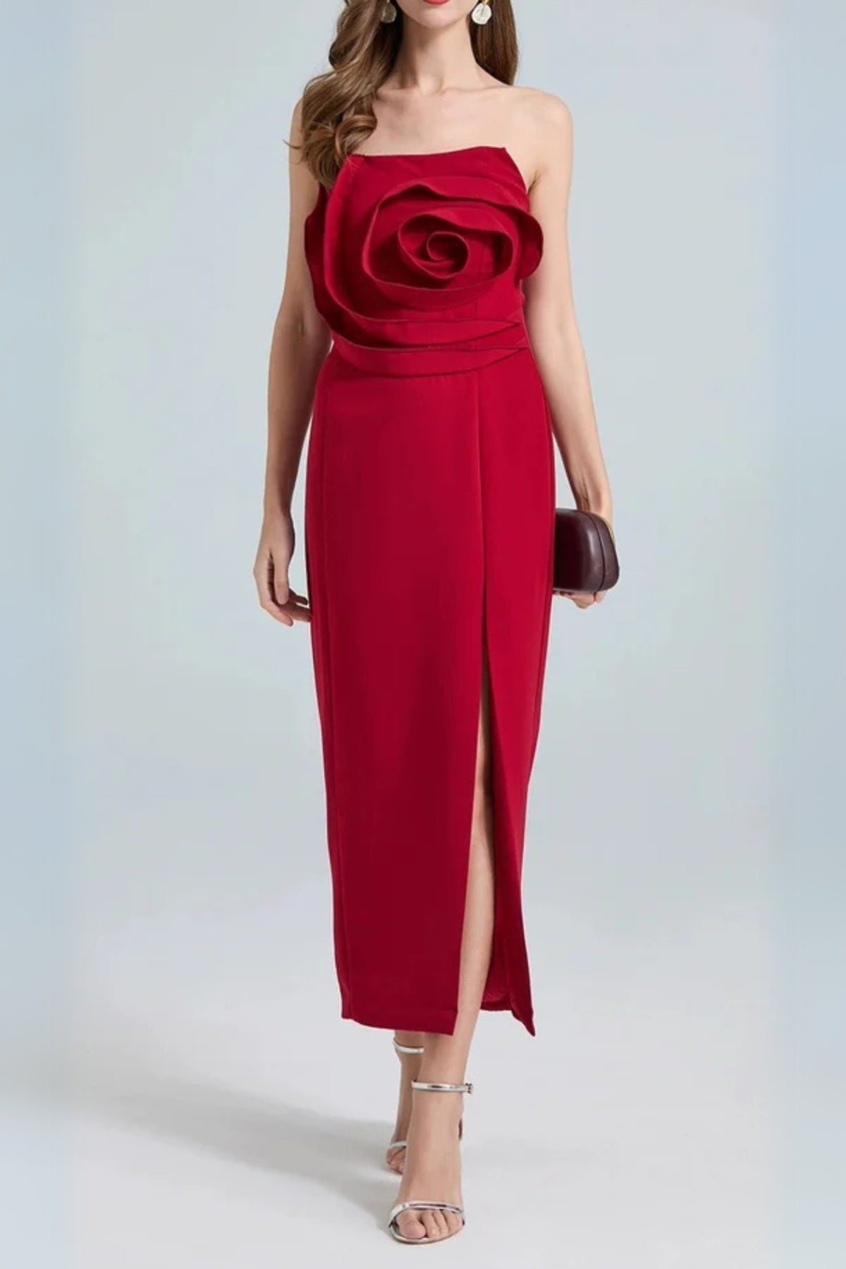 michelle 3d flower strapless midi dress in red
