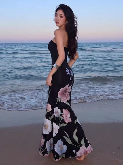 Black Floral Print Strapless Mermaid Maxi Dress