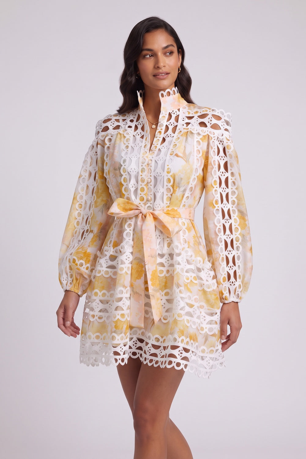 White & Yellow Floral A-Line Mini Dress with Lace Panels White, Yellow Lightweight woven cotton or linen blend Mini dress - product view 3